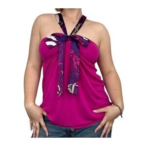 Y2K Express Halter Top L Pink Satin Tie Bow Babydoll Clubwear Going Out Rave